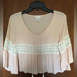 A Shape Beige Rayon Top S/M Boho Y2K Lace Bell Sleeves